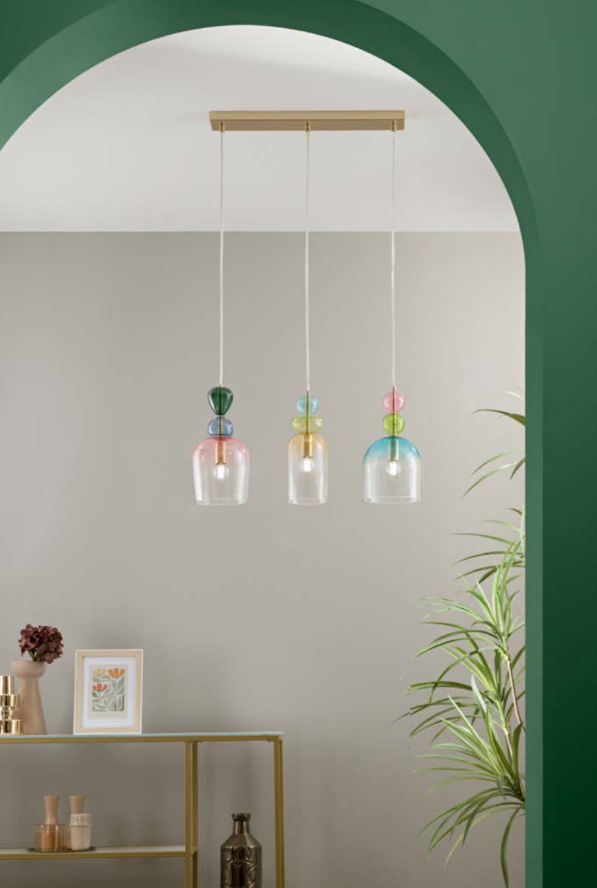 Sospensione colori floreali diffusori in vetro struttura metallo oro satinato attacco E14 GAUDI Sospensione colori floreali diffusori in vetro struttura metallo oro satinato attacco E14 GAUDI